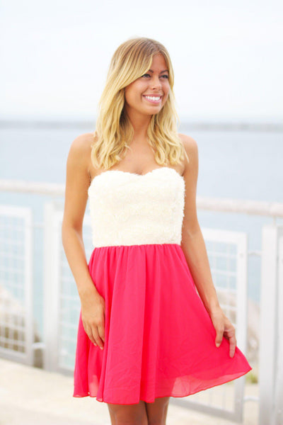 Red Short Dress with Lace Floral Top