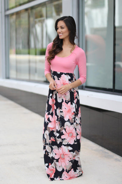 Pink and Navy Floral Maxi Dress
