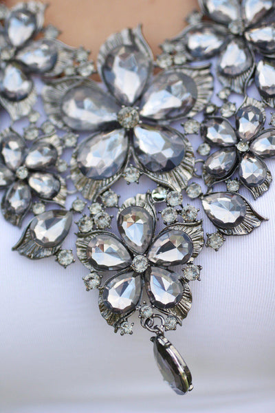 Gray Crystal Bib Flower Necklace