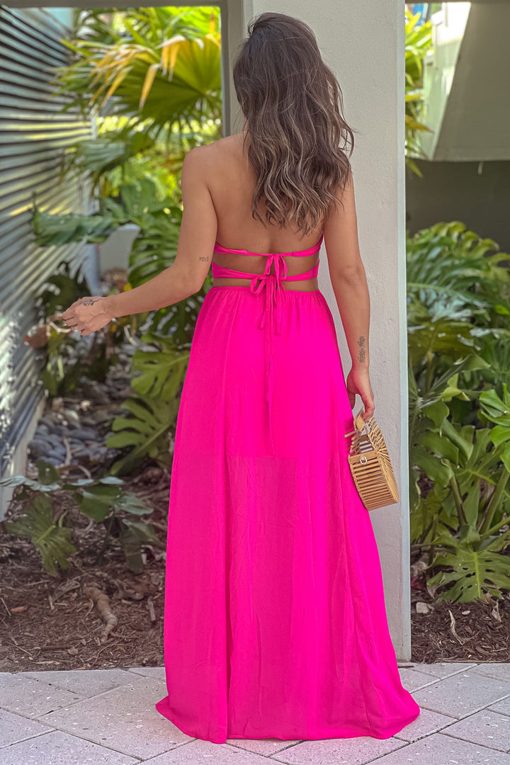 Fuchsia Maxi Dress With Slits And Double Tie Back