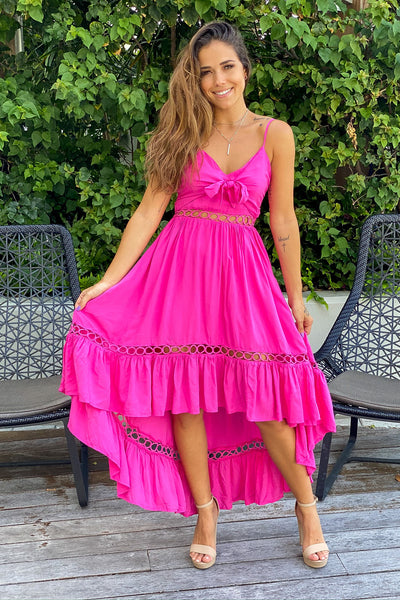 fuchsia high low dress with tie front
