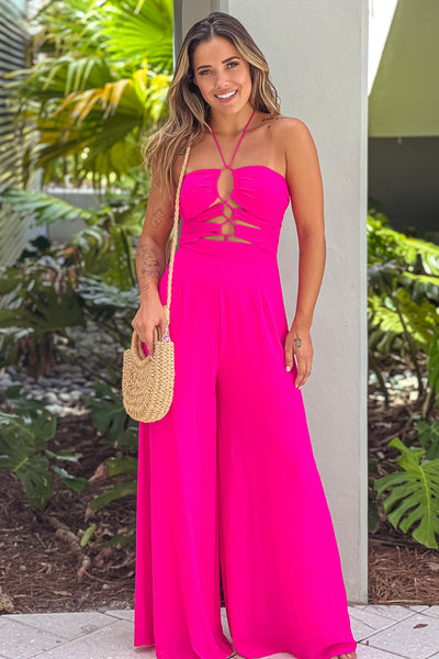 fuchsia jumpsuit with cut outs