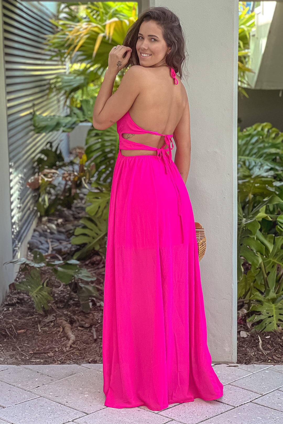 Fuchsia Maxi Dress With Slits And Double Tie Back