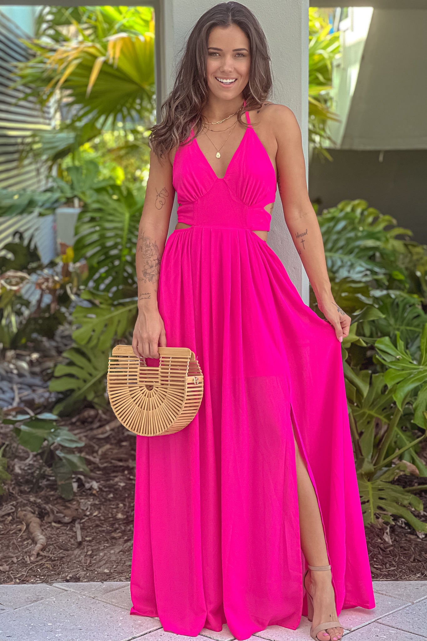 fuchsia maxi dress with slits and double-tie back