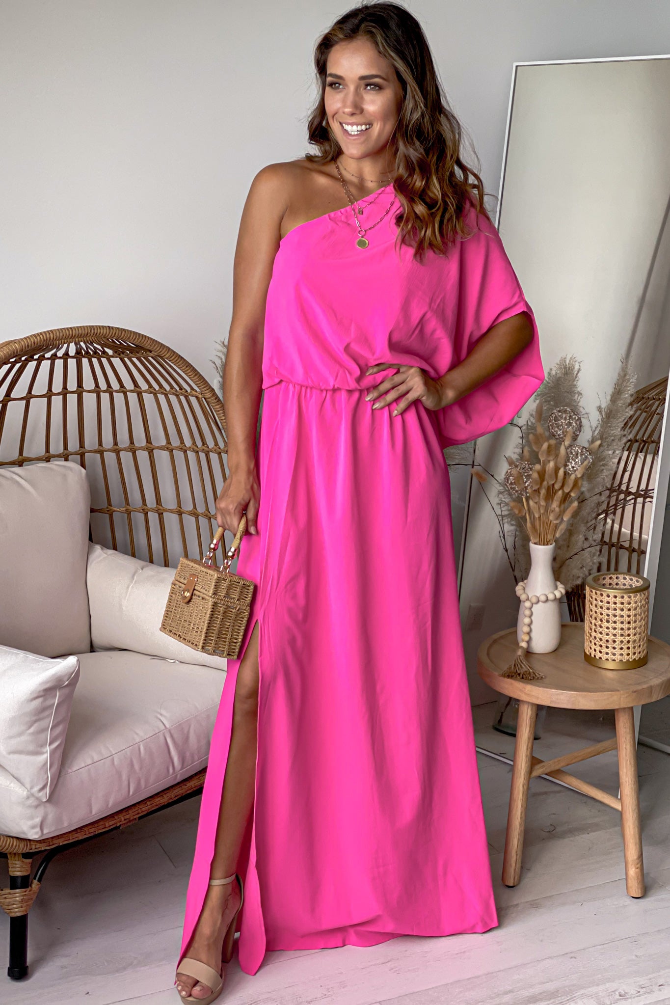 Fuchsia One Shoulder 3/4 Sleeves Maxi Dress | Bridesmaid Dresses Saved by the Dress Fuchsia One Shoulder 3/4 Sleeves Maxi Dress | Bridesmaid Dresses Saved by the Dress