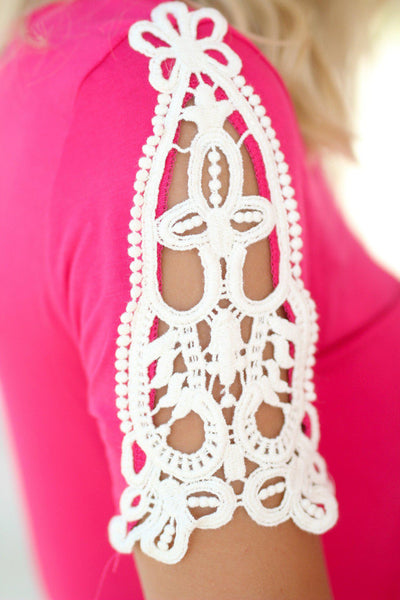 Cherry Short Sleeve Top with Crochet Sleeves