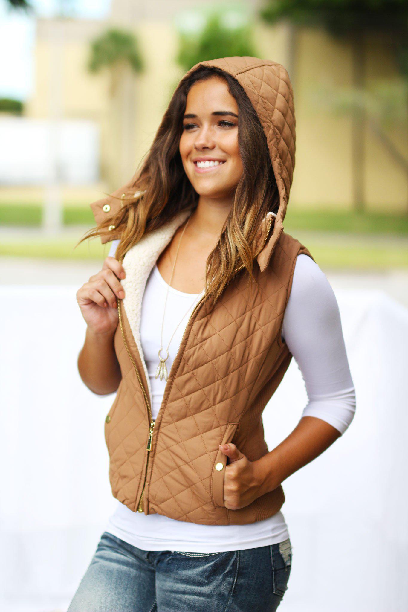 Camel Quilted Vest with Hood