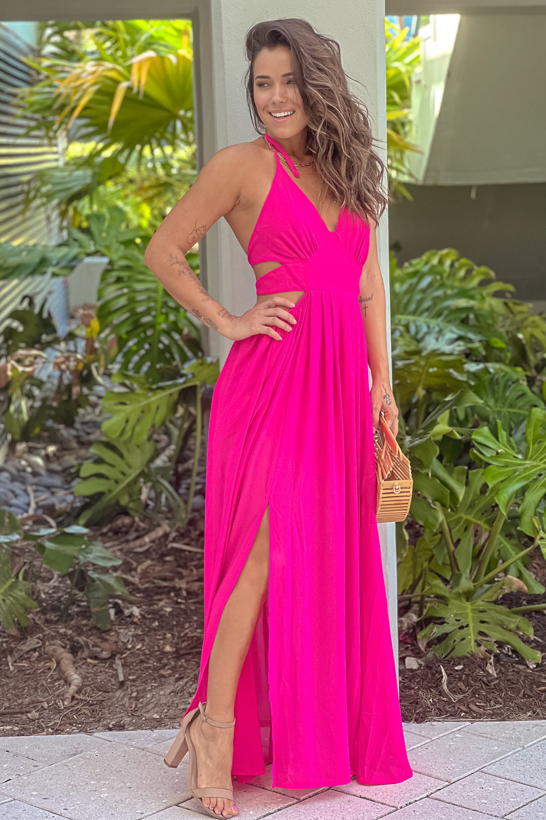 Fuchsia Maxi Dress With Slits And Double Tie Back | Maxi Dresses Saved by the Dress Fuchsia Maxi Dress With Slits And Double Tie Back | Maxi Dresses Saved by the Dress