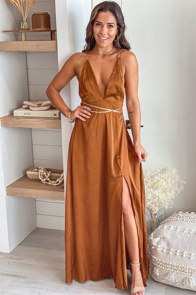 ginger satin maxi dress with gold detail