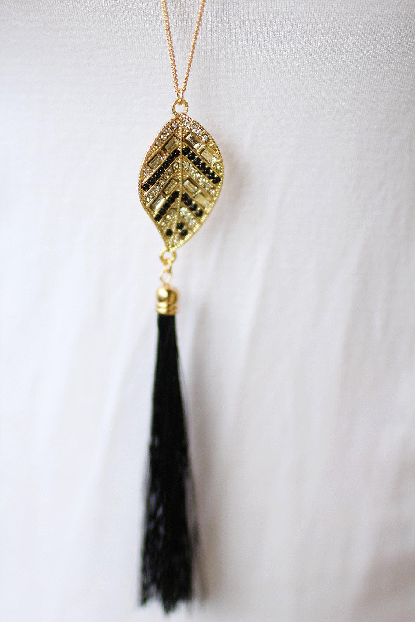 Gold Black Leaf Necklace with Tassel