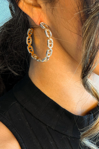 gold chain detail rhinestone hoop earrings