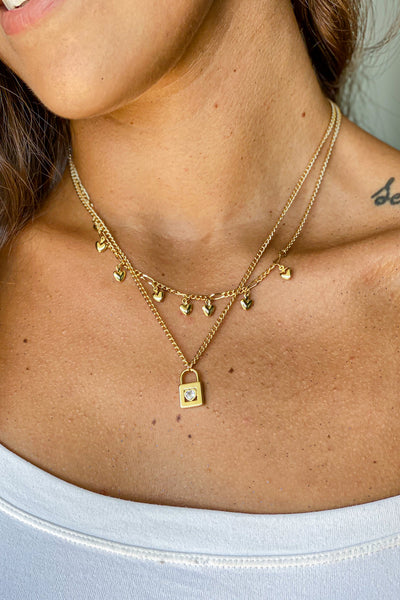 Gold Layered Necklace with Heart Lock
