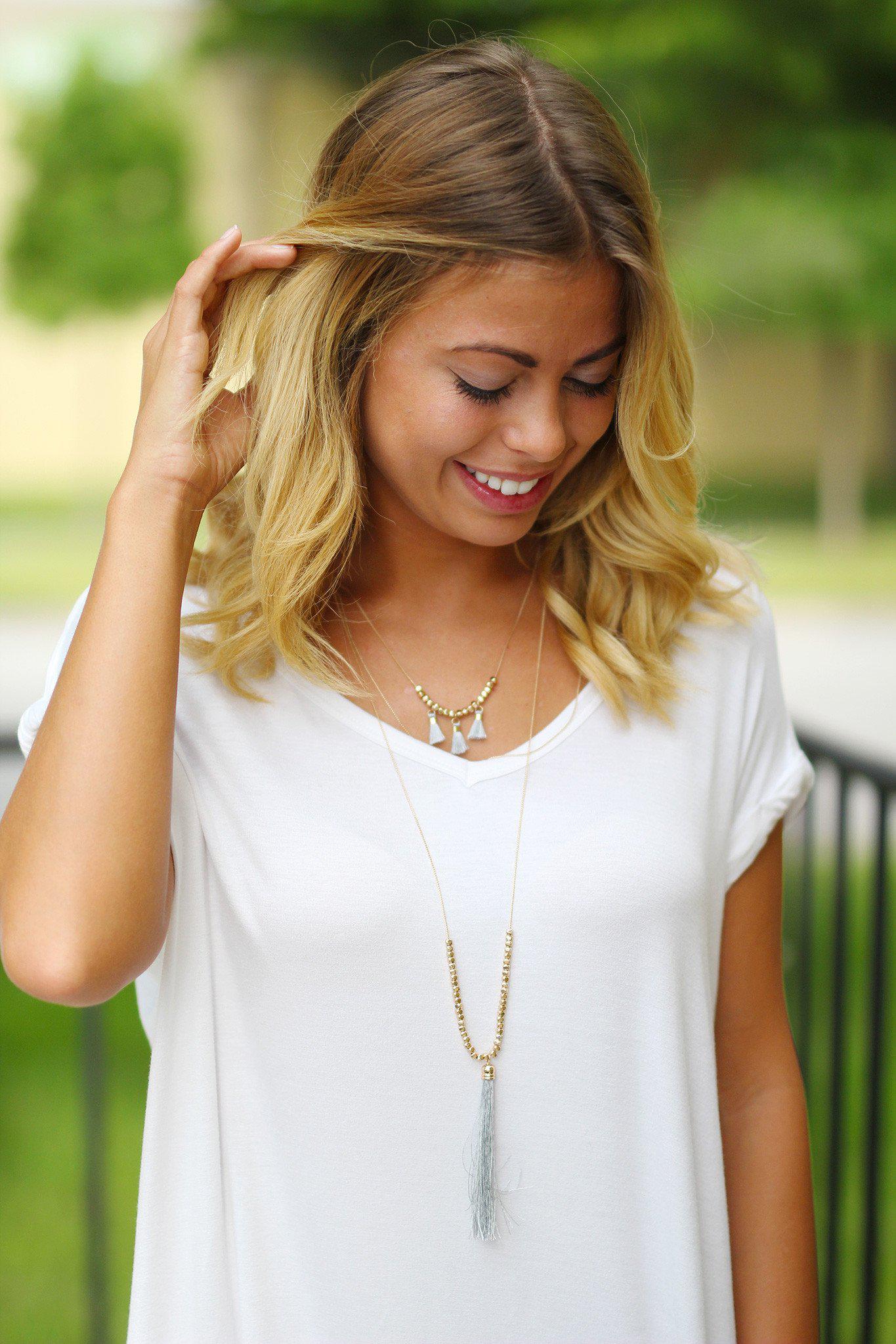 Gold Layered Gray Tassel Necklace