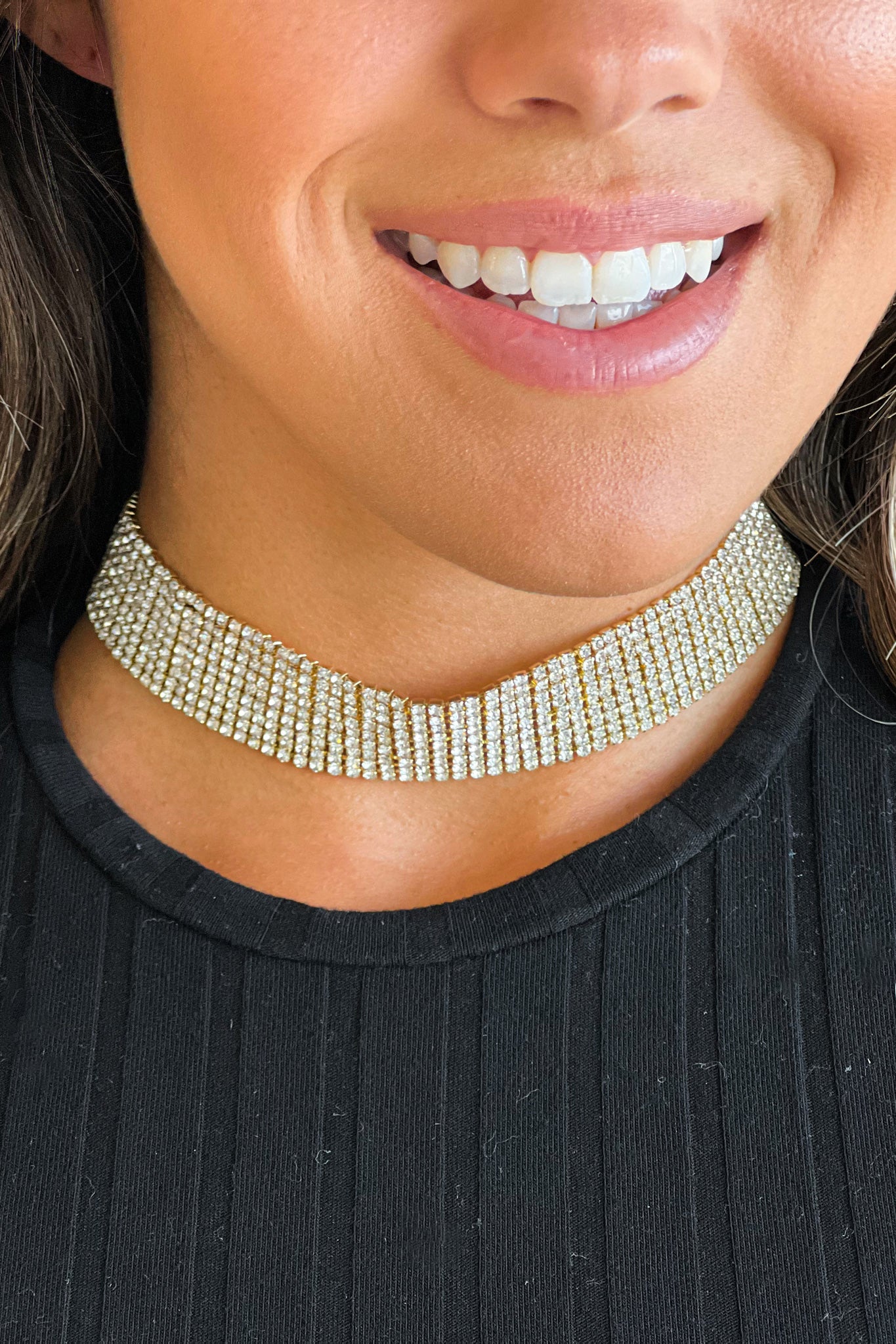 gold row crystal choker chain necklace
