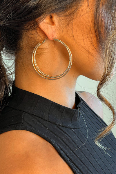 gold triple layer hoop rhinestone earrings