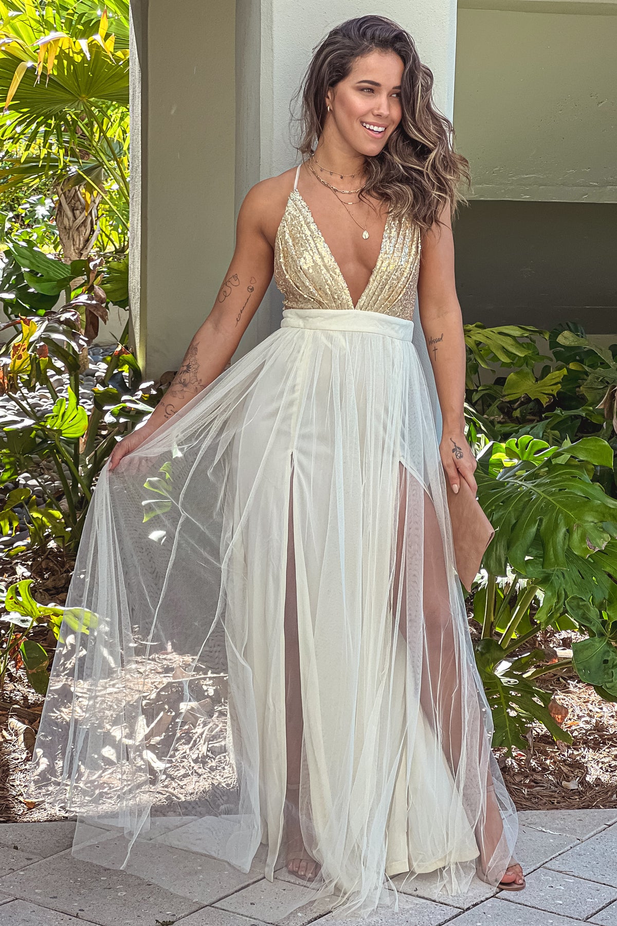 Gold Tulle Maxi Dress With Sequin Top And Criss Cross Back