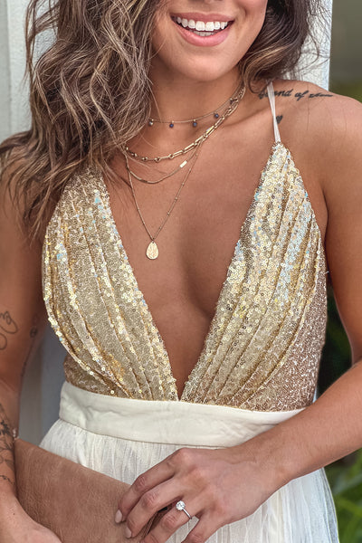 gold tulle sequin top maxi dress