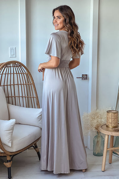 gray maxi dress with short sleeves