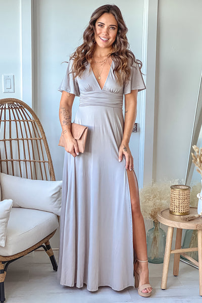 gray maxi dress with slit and short sleeves