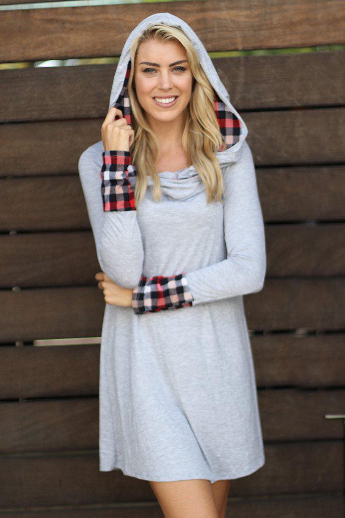 Gray And Plaid Print Hooded Tunic