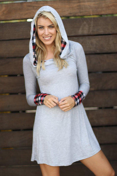 Gray And Plaid Print Hooded Tunic