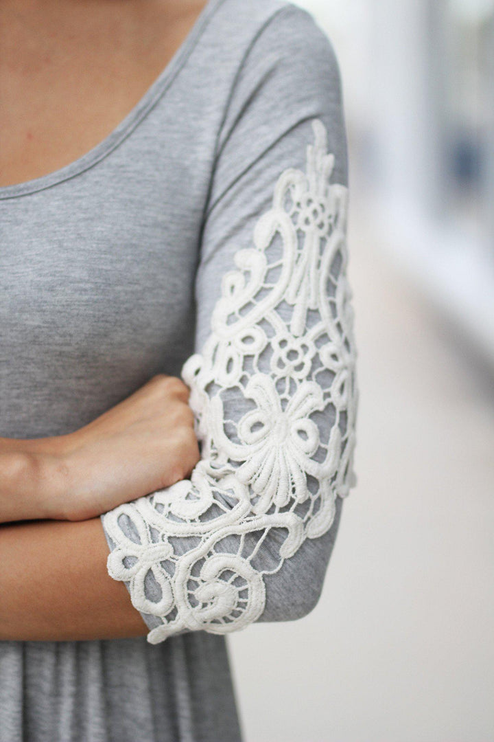 Heather Gray Maxi Dress with Crochet Sleeves – Saved by the Dress