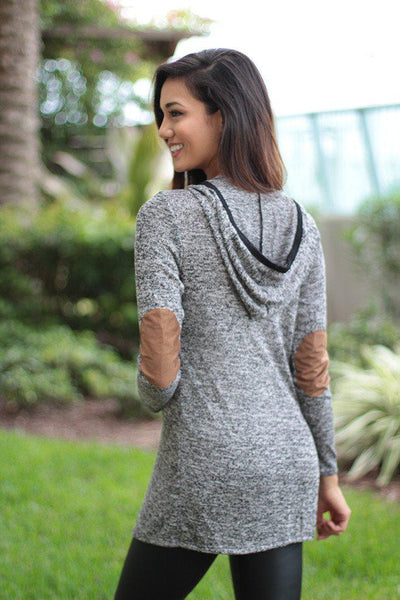 Gray Hooded Cardigan With Elbow Patches