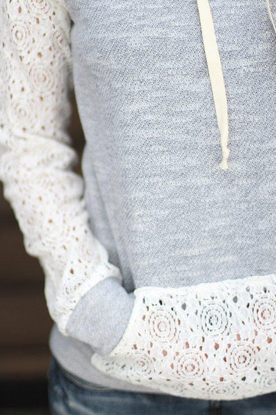Gray Hoodie With Lace Sleeves And Pocket