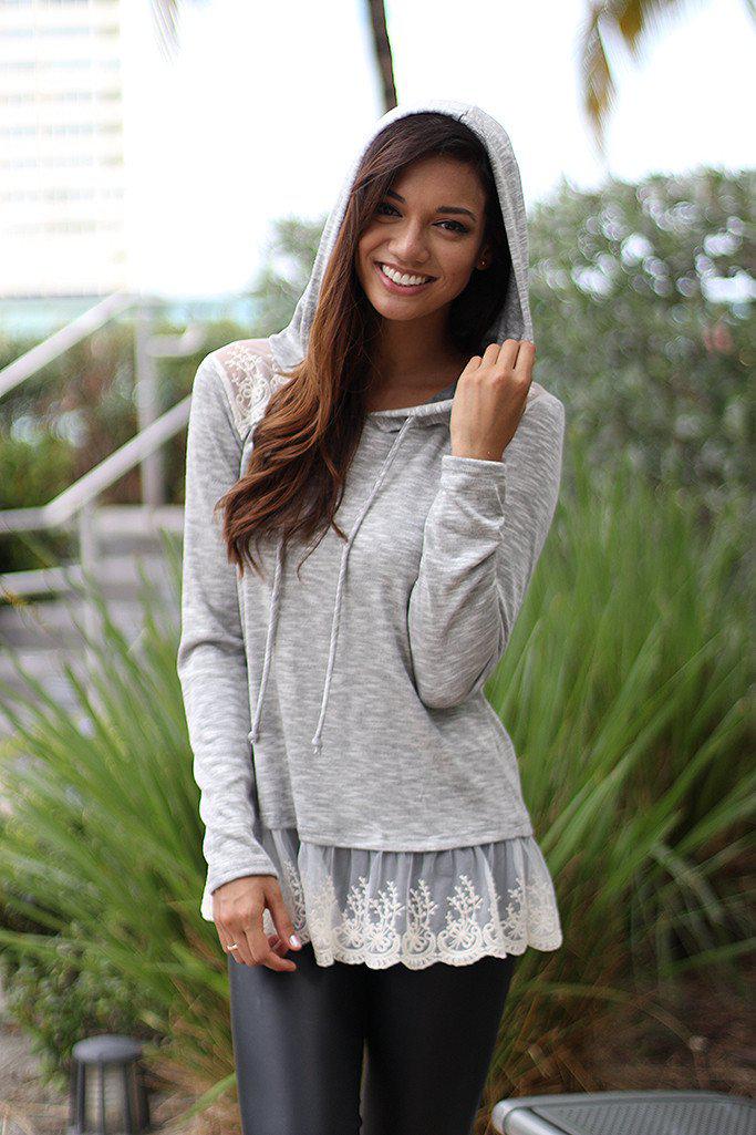 Gray Hoodie With Lace Trim