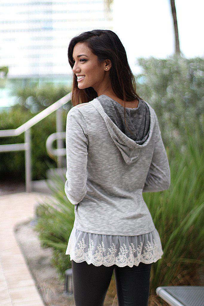 Gray Hoodie With Lace Trim