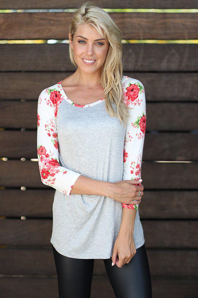 Gray Top With 3/4th Floral Sleeves