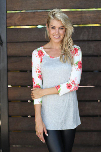 Gray Top With 3/4th Floral Sleeves