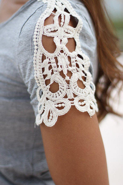 Gray Top With Crochet Sleeves