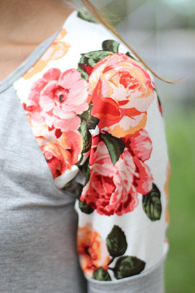 Gray Top With Floral Short Sleeves