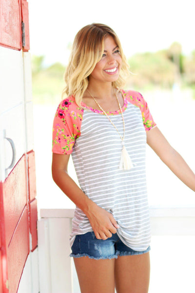 Gray Striped Top with Coral Floral Sleeves
