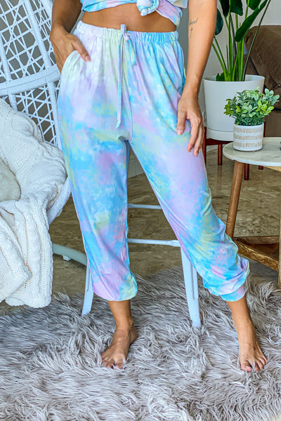 green and blue tie dye lounging pants