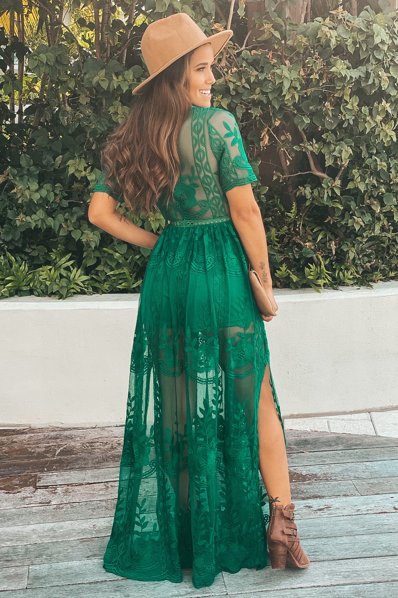 Green Lace Maxi Romper With Sleeves and Slits | Romper Saved by the Dress Green Lace Maxi Romper With Sleeves and Slits | Romper Saved by the Dress