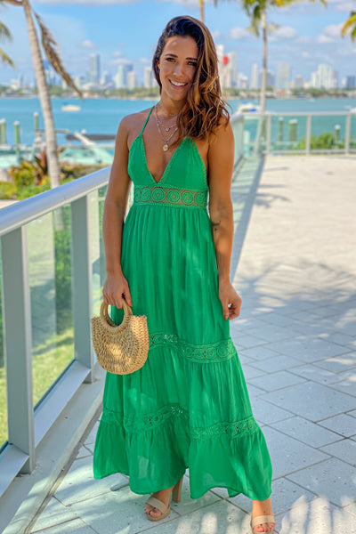 green crochet waist maxi dress