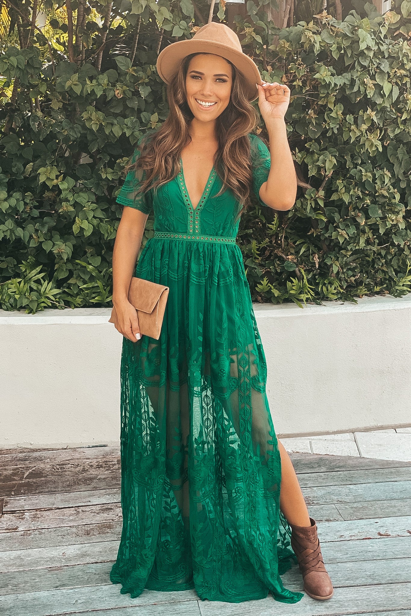 Green Lace Maxi Romper With Sleeves and Slits | Romper – Saved by the Dress