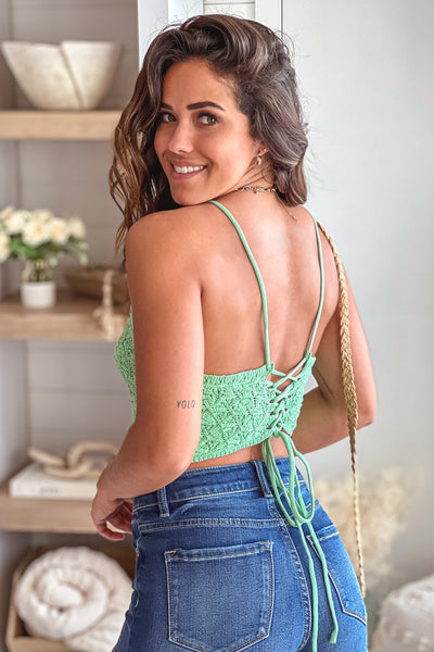green lace up back crop top