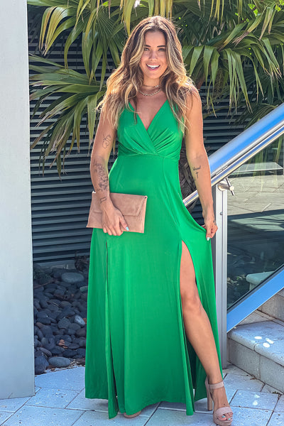 green maxi dress with criss cross back and slit
