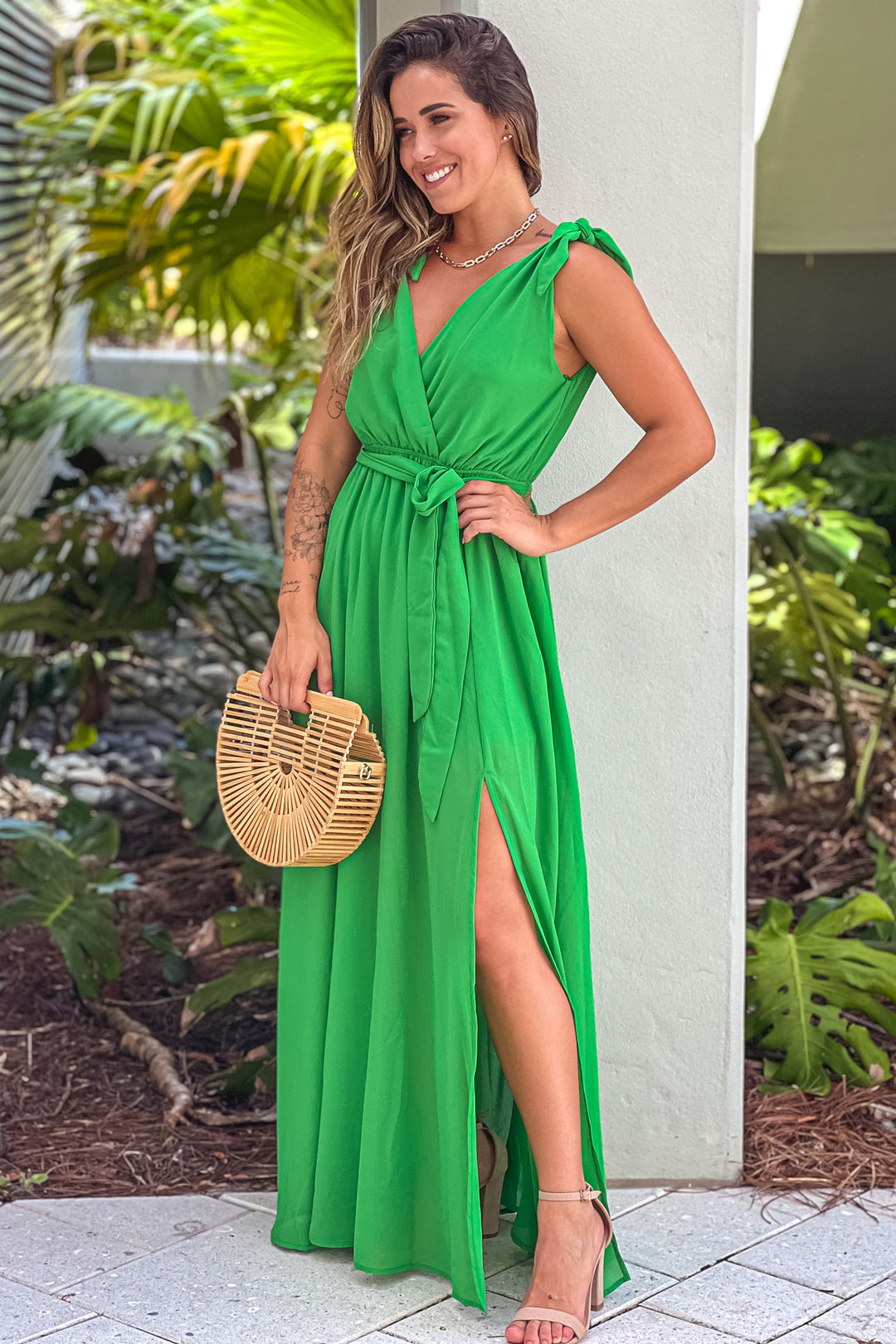 green emerald velvet dress Kelly Green V-Neck Maxi Dress with Dolman Sleeves main image 0