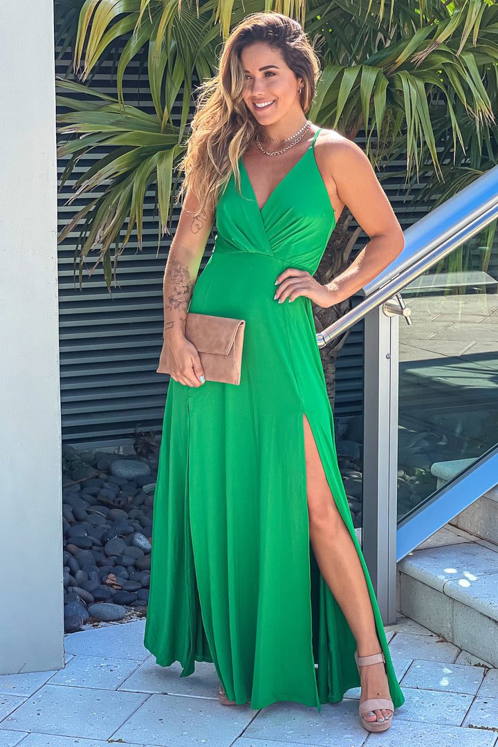 green criss cross dress Atria Criss-Cross Halter Long Prom Dress