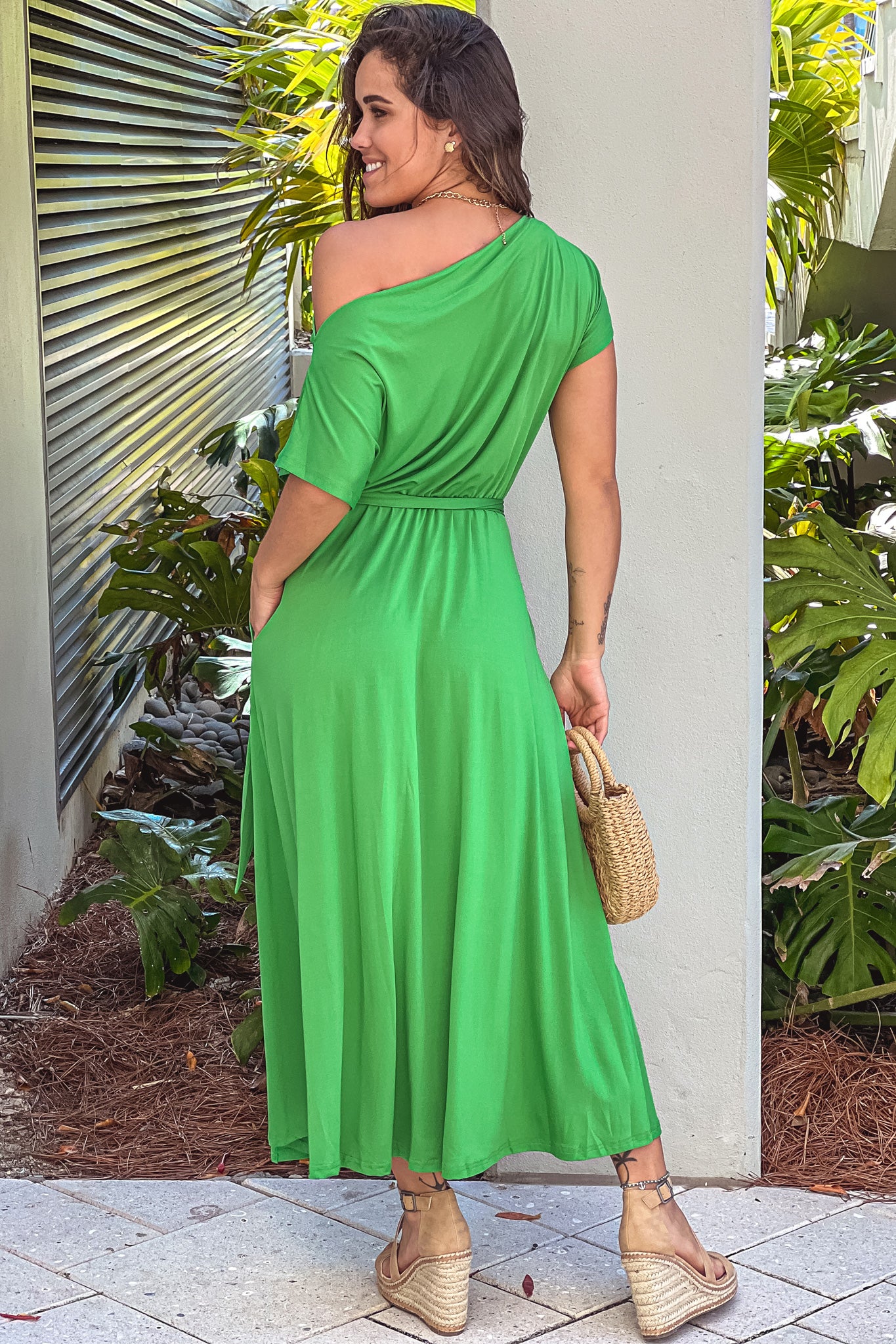 green one shoulder midi dress