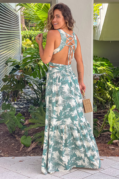 green printed maxi dress with lace up back
