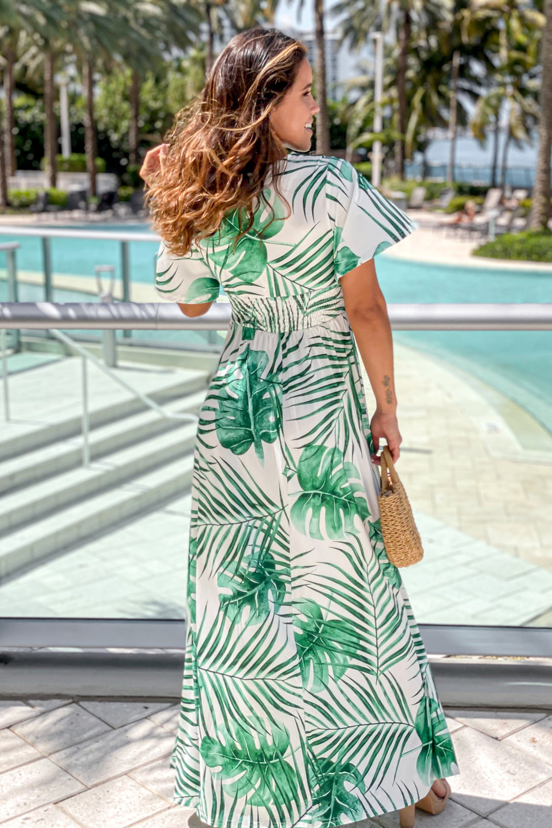 Green Printed V-Neck Maxi Dress With Slit