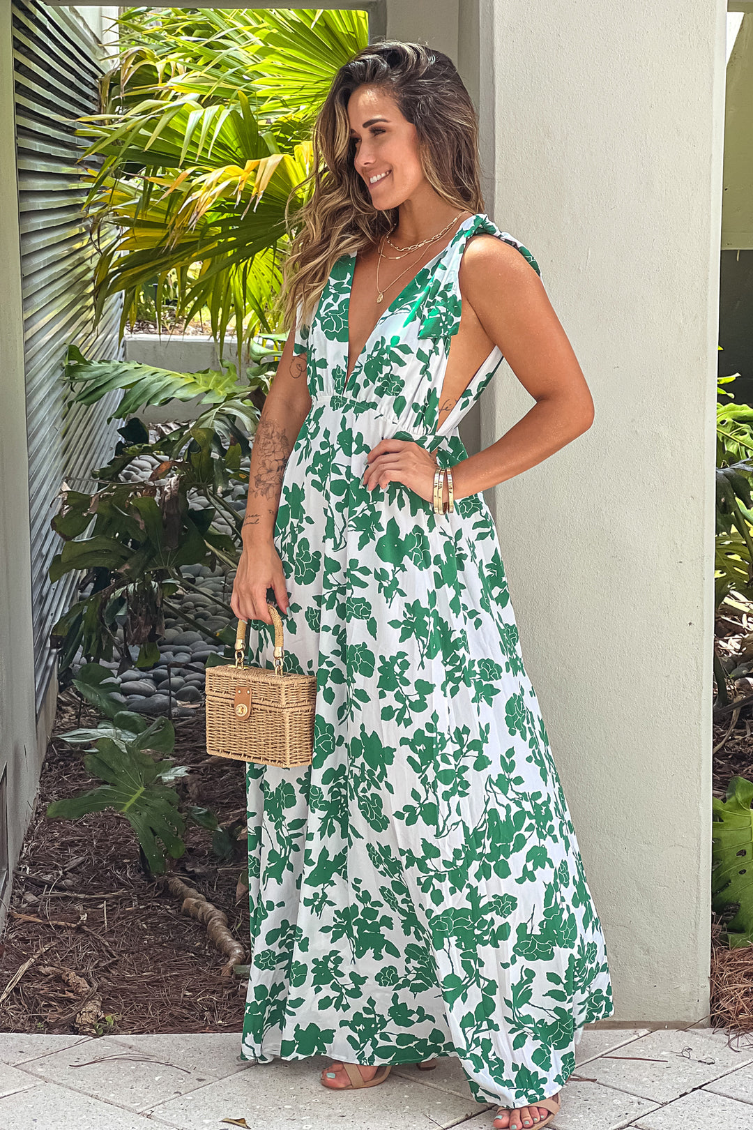 Green Printed V-Neck Maxi Dress