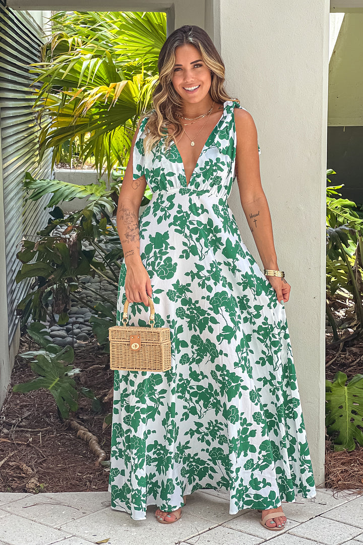 Green Printed V-Neck Maxi Dress