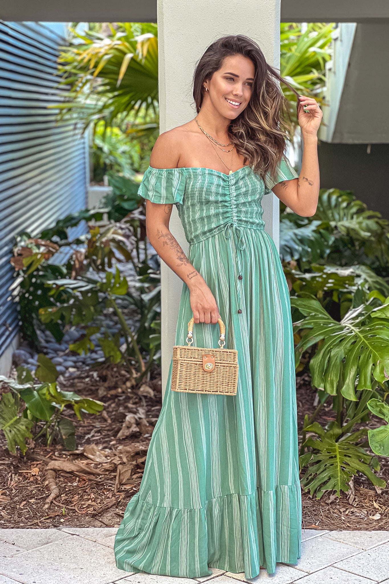 Green Striped Off Shoulder Maxi Dress