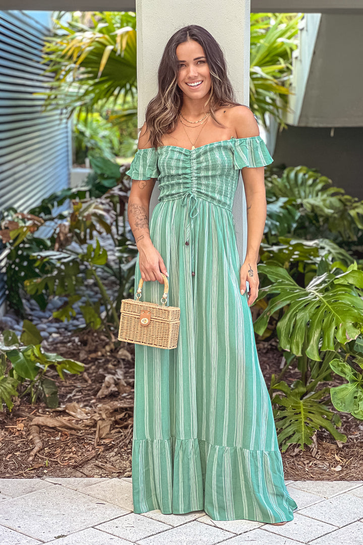 Green Striped Off Shoulder Maxi Dress | Maxi Dresses Saved by the Dress Green Striped Off Shoulder Maxi Dress | Maxi Dresses Saved by the Dress